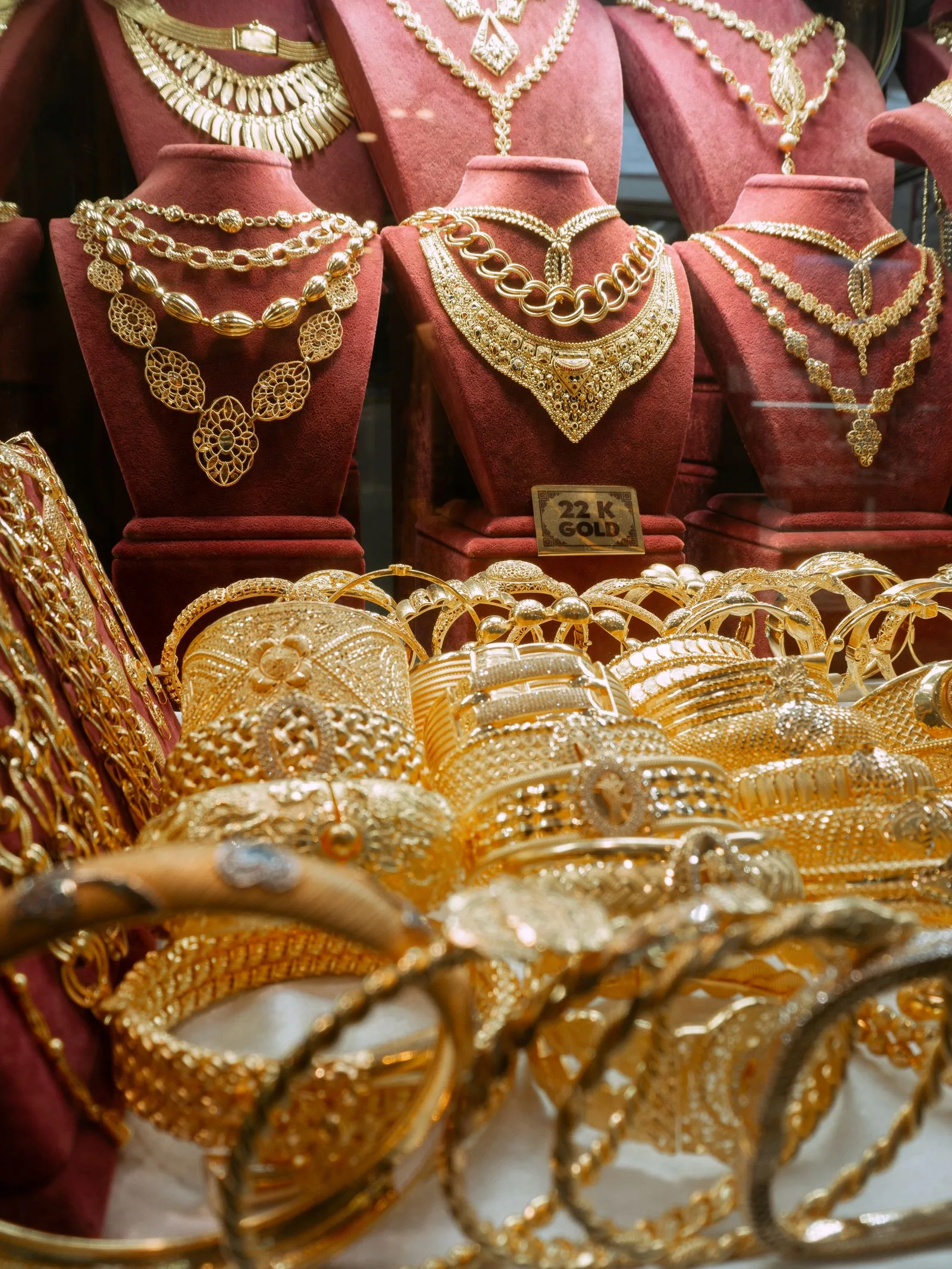 gold jewelry necklaces close up display